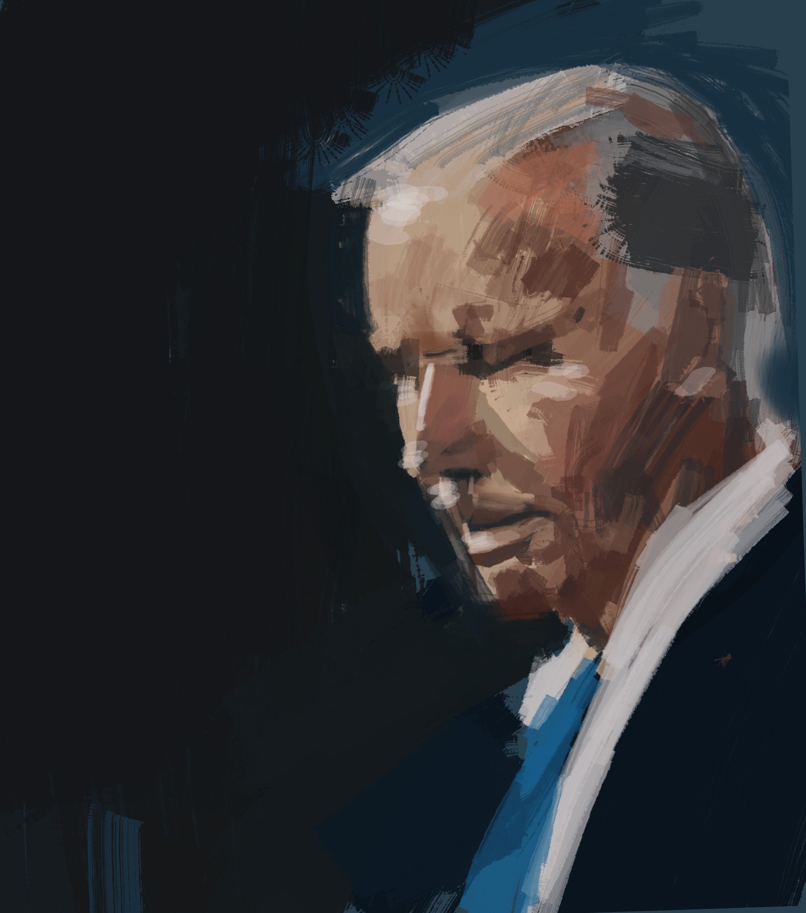 Portret mężczyzny w garniturze, namalowany grubymi pociągnięciami pędzla w ciemnej tonacji z przewagą brązów i błękitów.