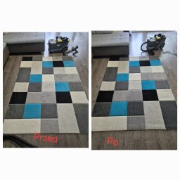 CZYSTY DOMEK Filip Rumiński - Dywan w geometryczne wzory, podzielony na dwie części: lewa 'Przed' z widocznymi plamami i zabrudzeniami, prawa 'Po' - czysty i odświeżony, z widocznymi urządzeniami czyszczącymi Karcher i Dyson...