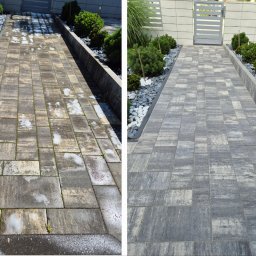 CZYSTY DOMEK Filip Rumiński - Zdjęcie 'przed i po' mycia kostki brukowej. Po lewej stronie brudna kostka, po prawej czysta, szara kostka, z boku ozdobne kamienie i krzewy.