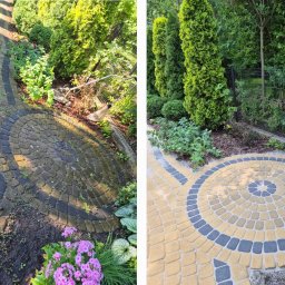 CZYSTY DOMEK Filip Rumiński - Zdjęcie kostki brukowej przed i po czyszczeniu, z widocznymi różnicami w kolorze i usuniętych zabrudzeniach, otoczonej zielenią i kwiatami.