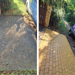 CZYSTY DOMEK Filip Rumiński - Porównanie kostki brukowej przed i po czyszczeniu. Po lewej stronie kostka jest brudna, po prawej czysta i mokra. Widoczny wózek z urządzeniem do czyszczenia.