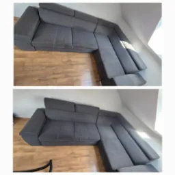 Zdjęcie przedstawia szarą, narożną kanapę tapicerowaną. Na górnym zdjęciu widoczne plamy na siedzisku, a na dolnym po czyszczeniu tapicerki. Widoczna podłoga z paneli.