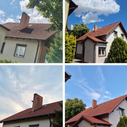 CZYSTY DOMEK Filip Rumiński - Mozaika czterech ujęć domu z czerwoną dachówką i kominem, na tle błękitnego nieba z chmurami i zieleni drzew. Widoczne okna z roletami i elewacja budynku.