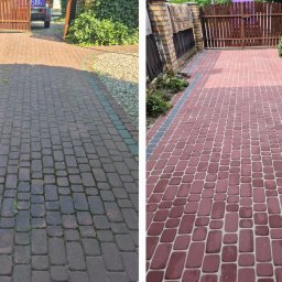 CZYSTY DOMEK Filip Rumiński - Kostka brukowa przed i po czyszczeniu: po lewej brudna, ciemna, porośnięta mchem, po prawej czysta, jasna, z wyraźnym kolorem. Widoczne ogrodzenie i zieleń w tle.