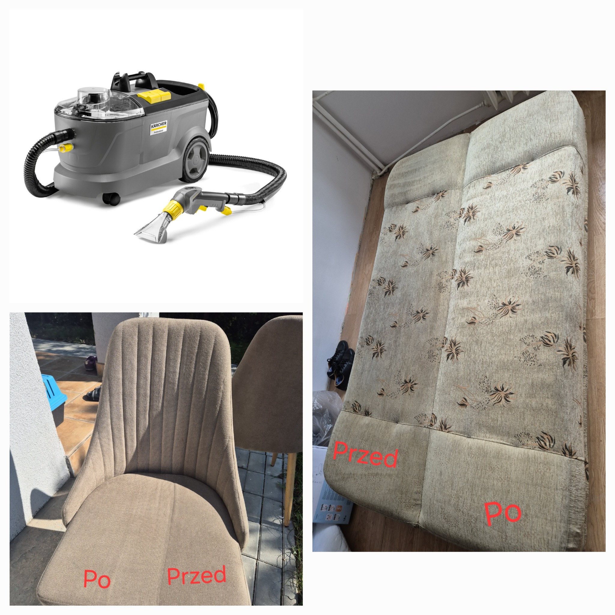 Porównanie przed i po czyszczeniu: sofa z delikatnym wzorem kwiatowym oraz krzesło tapicerowane z pionowymi przeszyciami, obok odkurzacz piorący marki Karcher.