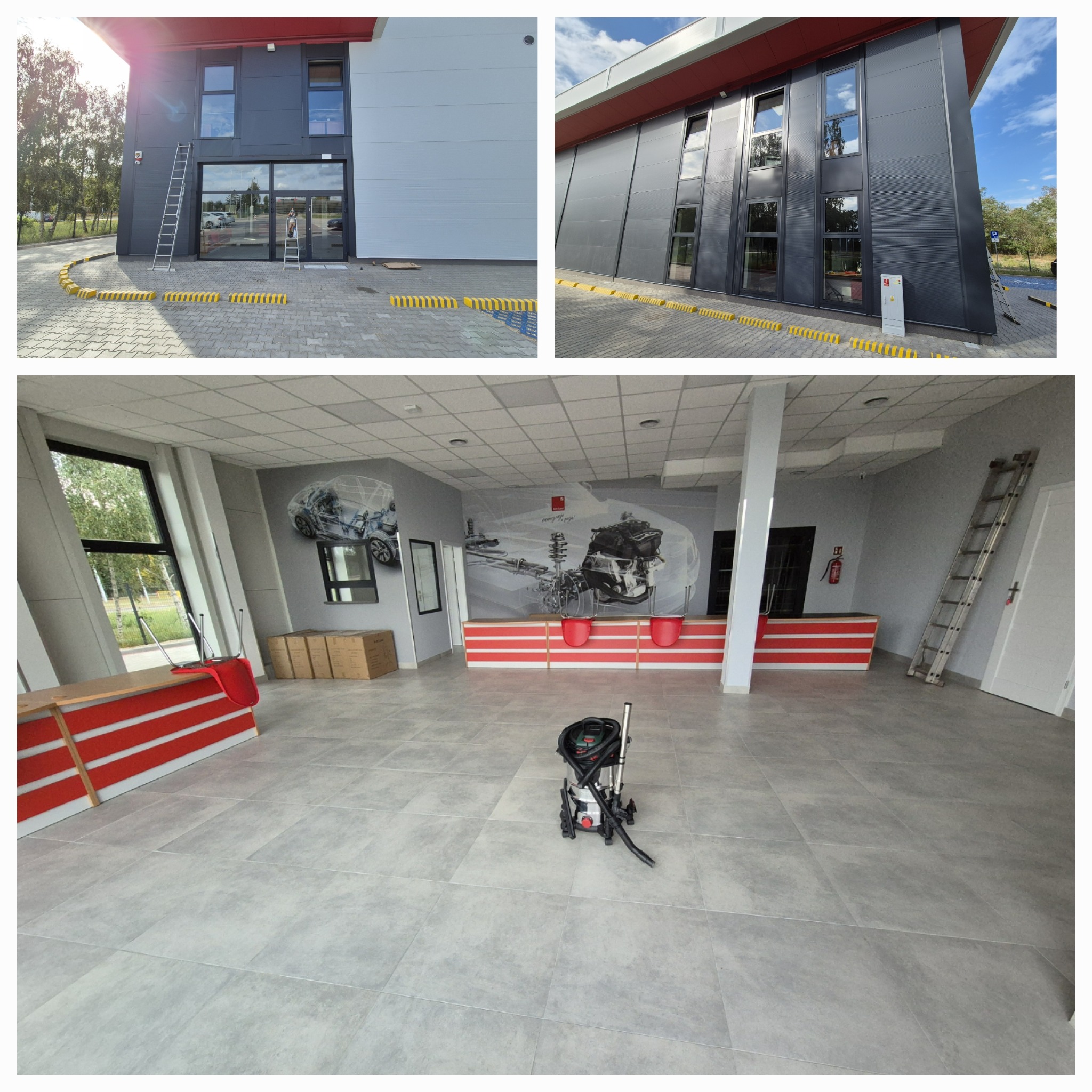 Wnętrze komercyjne po sprzątaniu, widoczny odkurzacz przemysłowy na szarych płytkach, w tle biuro z czerwono-białą ladą i grafiką samochodową na ścianie, oraz zewnętrzny widok budynku z drabiną...