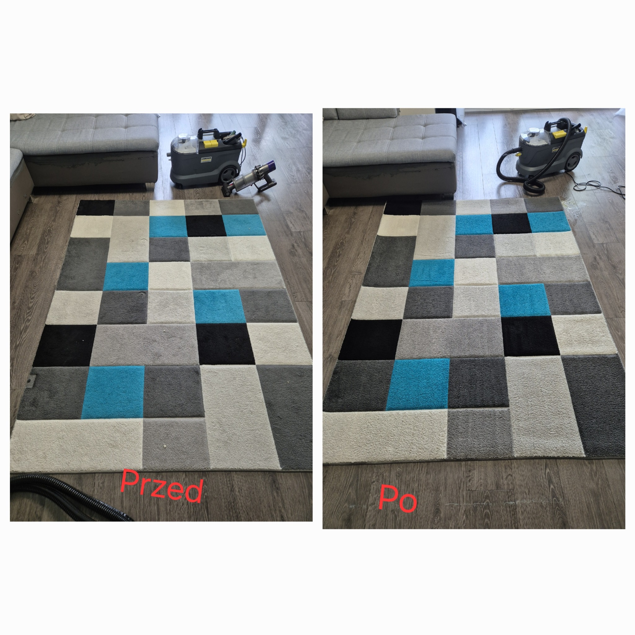 Dywan w geometryczne wzory, podzielony na dwie części: lewa 'Przed' z widocznymi plamami i zabrudzeniami, prawa 'Po' - czysty i odświeżony, z widocznymi urządzeniami czyszczącymi Karcher i Dyson...