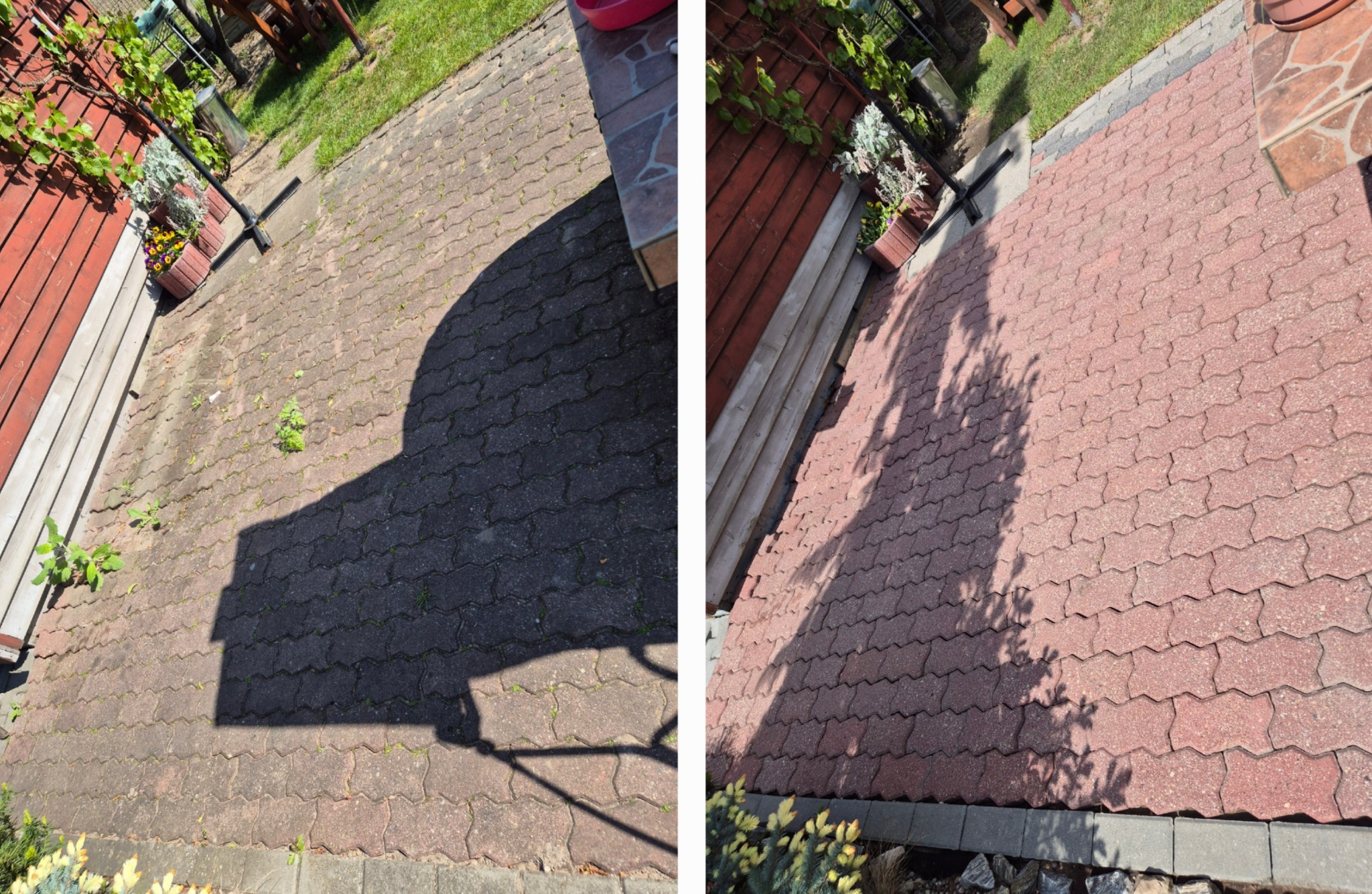 Zdjęcie 'przed i po' mycia kostki brukowej. Lewa strona: zabrudzona, ciemna kostka. Prawa strona: czysta, czerwona kostka z widocznym wzorem. Widoczne cienie drzew.