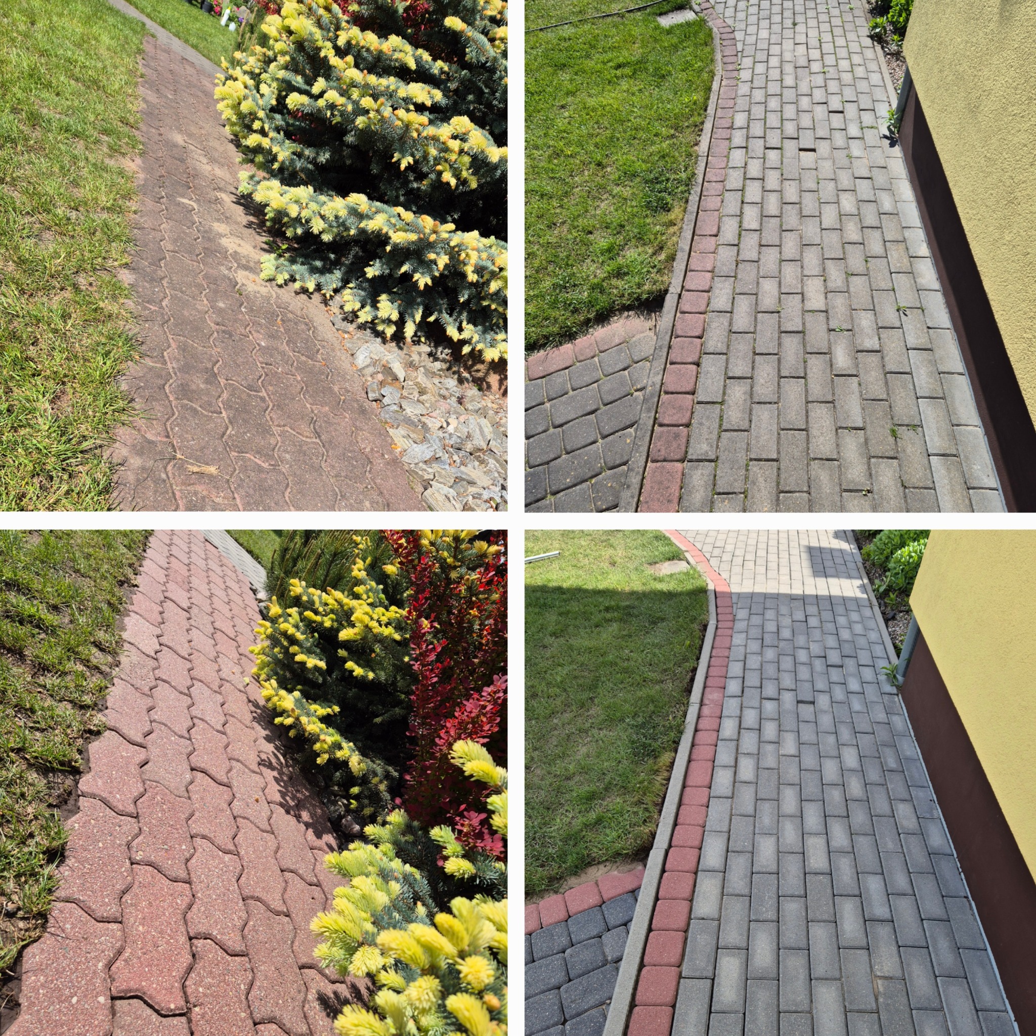 Mozaika czterech ujęć: kostka brukowa w różnych kolorach i wzorach, trawa oraz roślinność ozdobna. Prezentacja wykończonej ścieżki ogrodowej z kostki.