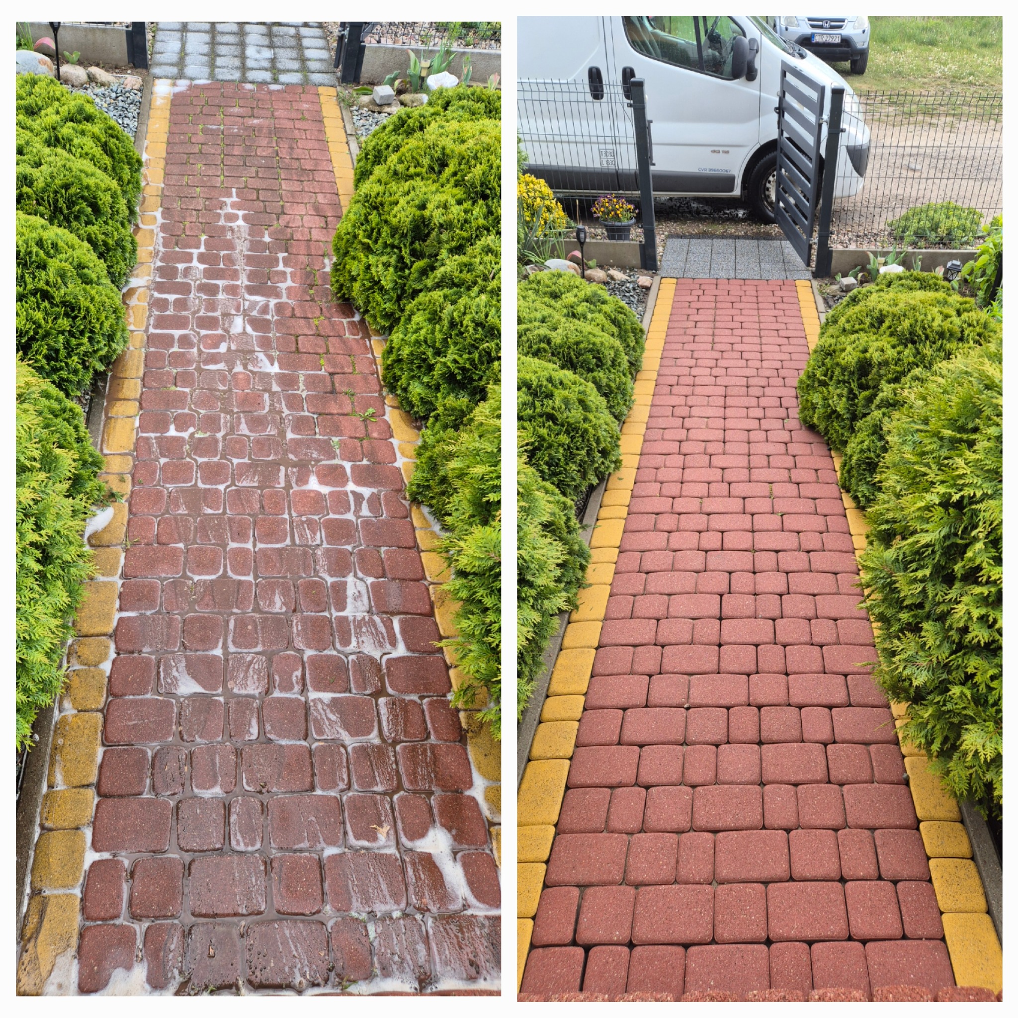 Porównanie kostki brukowej przed i po czyszczeniu. Lewa strona mokra, zabrudzona; prawa strona sucha, czysta, z intensywnym czerwonym kolorem. Widoczne krzewy i fragment samochodu.