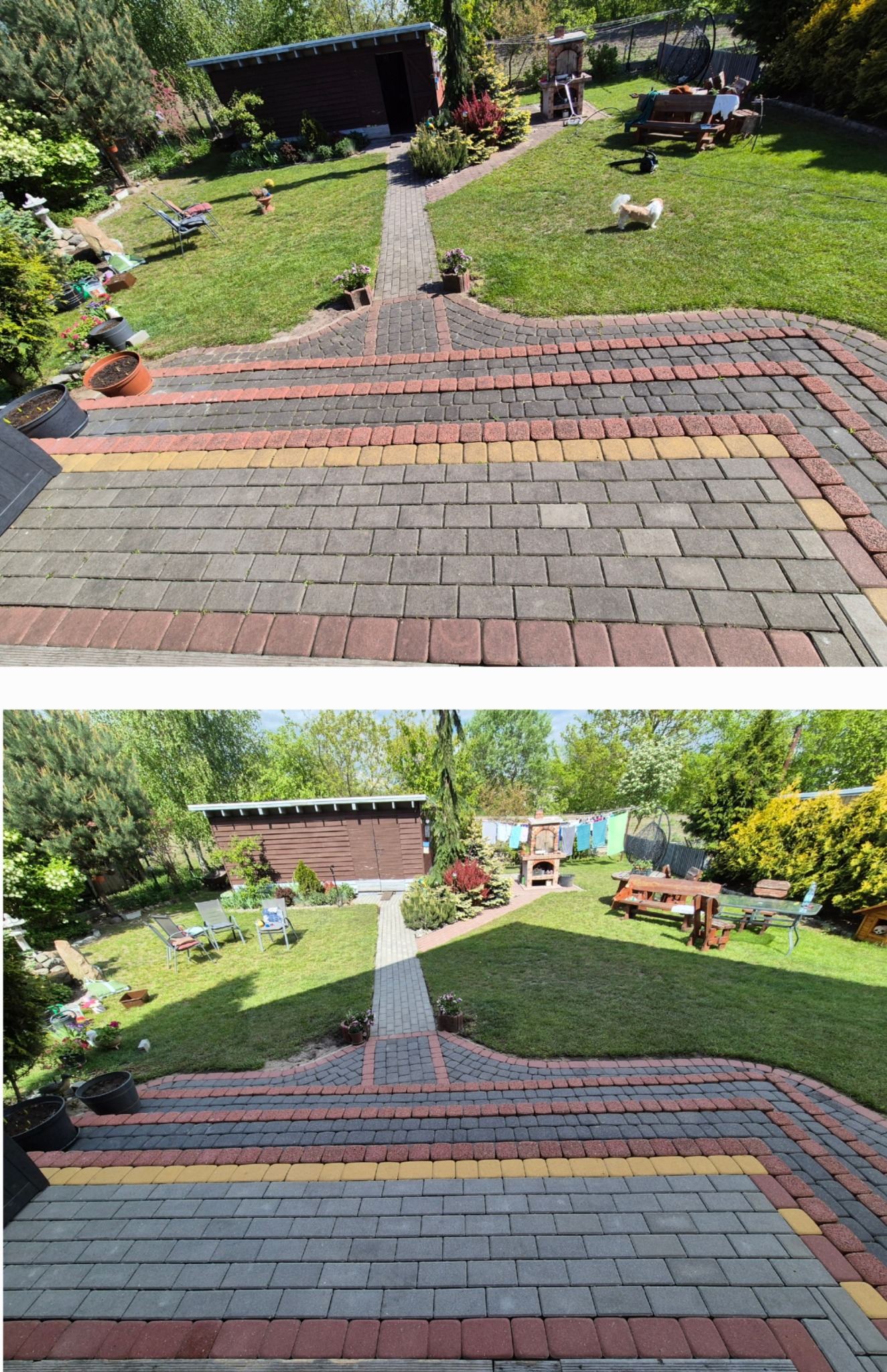 Kolorowa kostka brukowa prowadząca do zadbanego ogrodu z domkiem narzędziowym i miejscem do wypoczynku, widziana z góry.