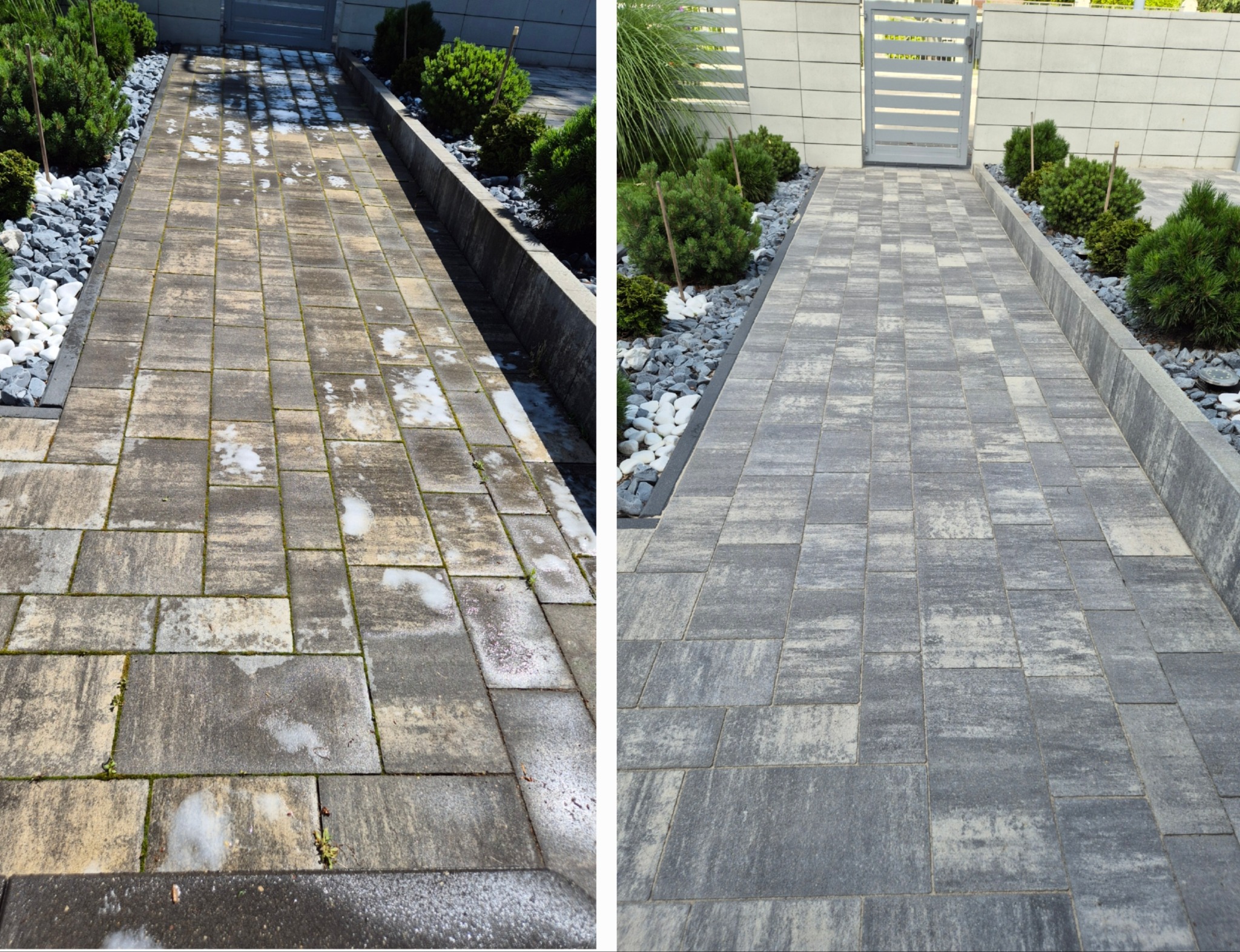 Zdjęcie 'przed i po' mycia kostki brukowej. Po lewej stronie brudna kostka, po prawej czysta, szara kostka, z boku ozdobne kamienie i krzewy.