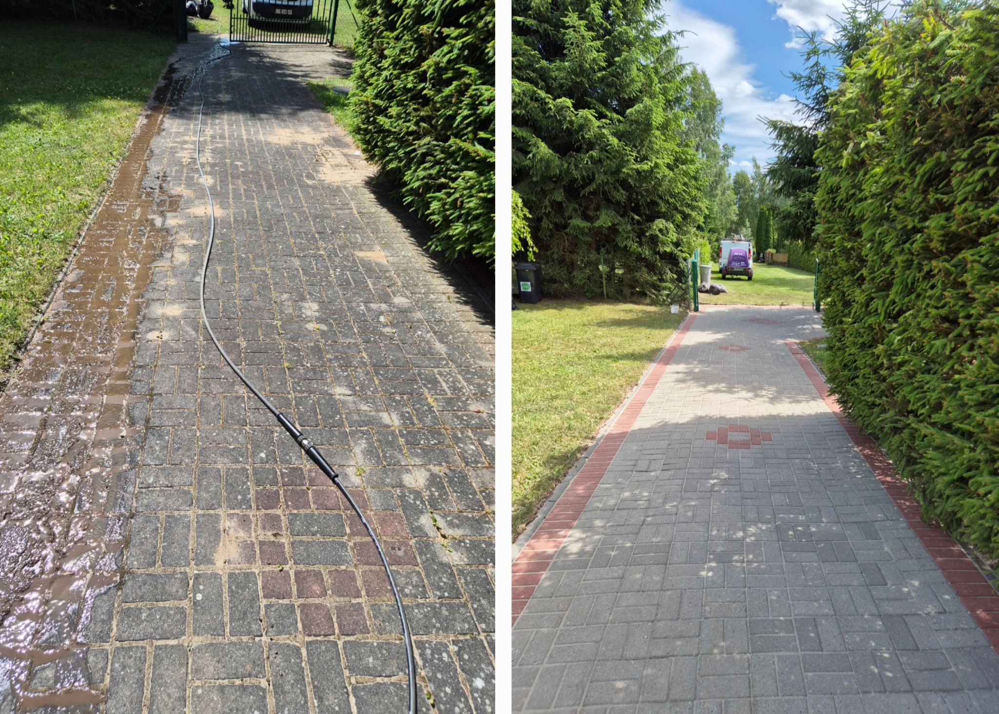 Porównanie: czyszczenie kostki brukowej. Lewa strona - brudna, mokra, prawa - czysta, sucha. W tle zieleń, brama i auto. Widoczny wąż ciśnieniowy.