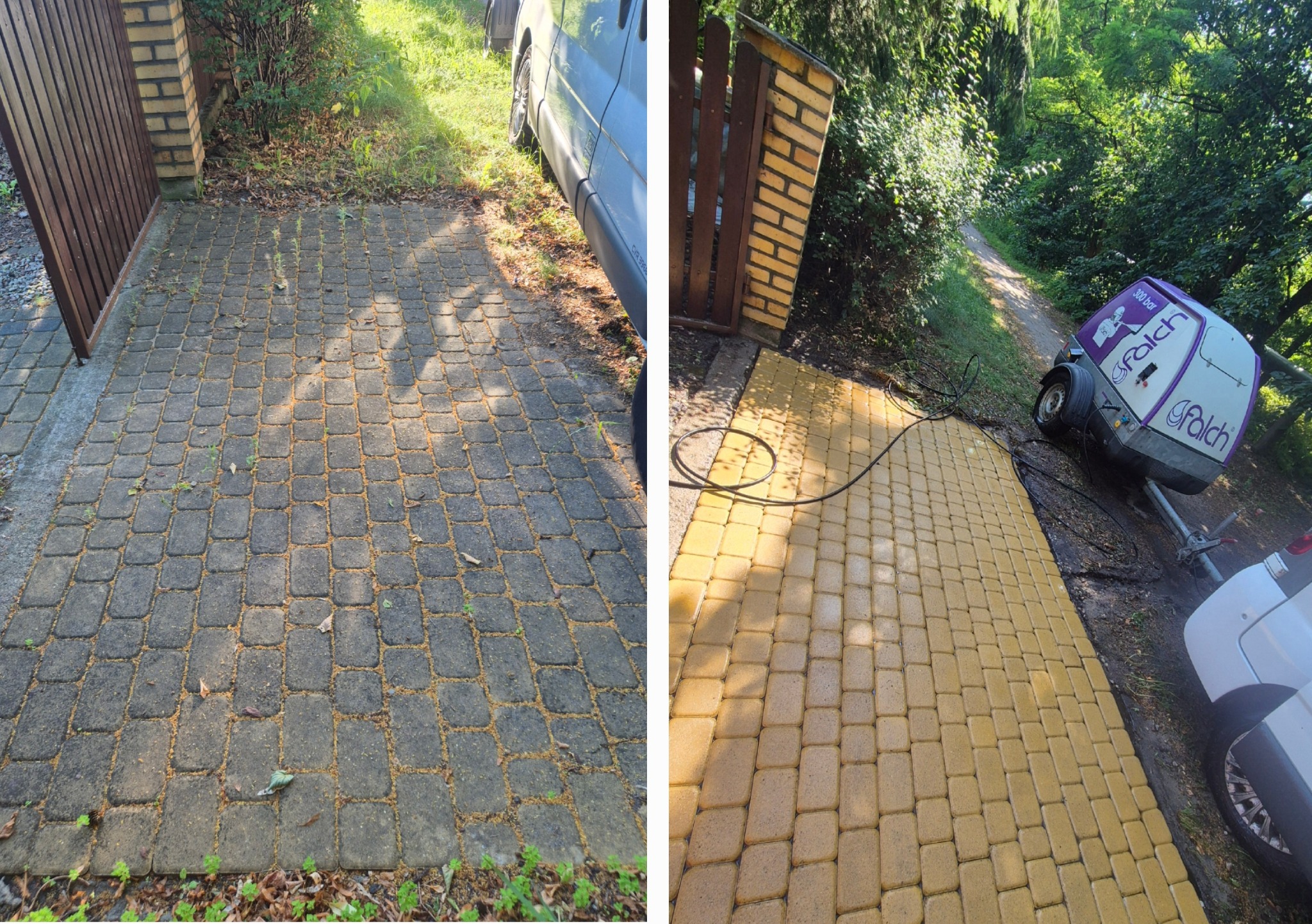 Porównanie kostki brukowej przed i po czyszczeniu. Po lewej stronie kostka jest brudna, po prawej czysta i mokra. Widoczny wózek z urządzeniem do czyszczenia.
