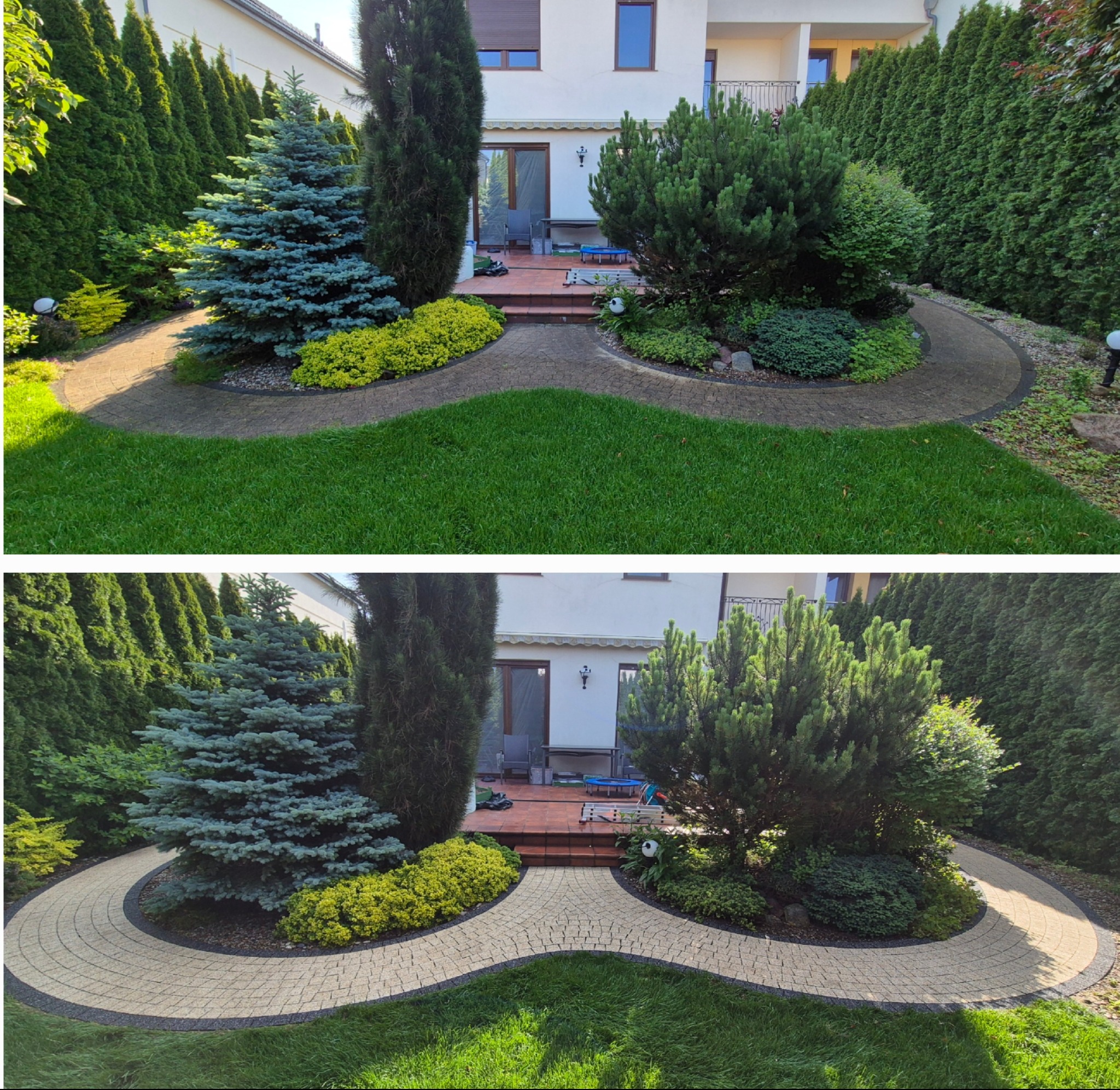 Zdjęcie 'przed i po' przedstawia zadbany ogród z kostką brukową. Na górnym ujęciu trawa jest wyższa, a na dolnym równo przystrzyżona. Rośliny wyglądają na świeżo przycięte.
