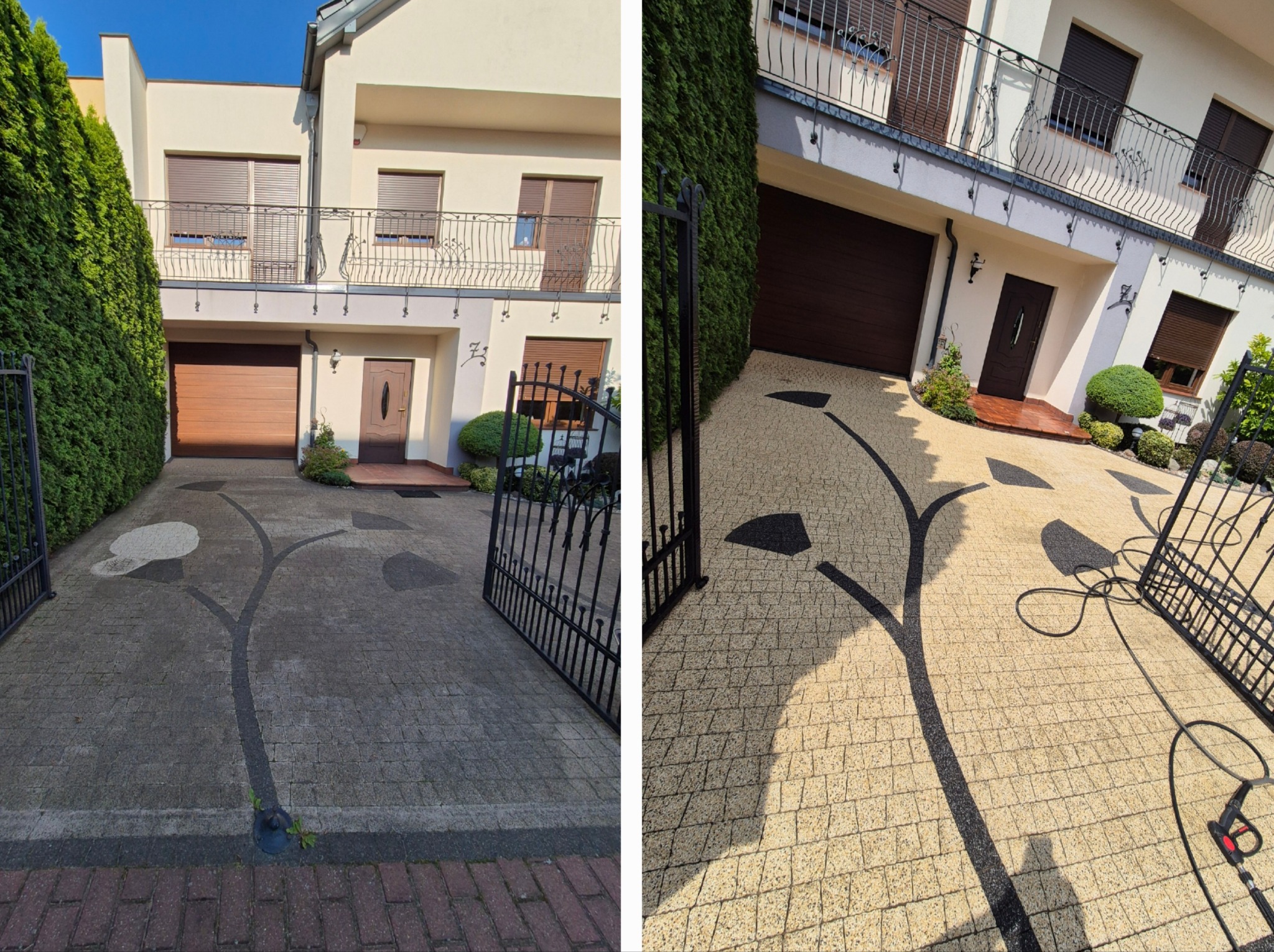 Kostka brukowa przed i po czyszczeniu, z wzorem drzewa. Widoczne różnice w kolorze i usunięte zabrudzenia. Dom z garażem w tle.