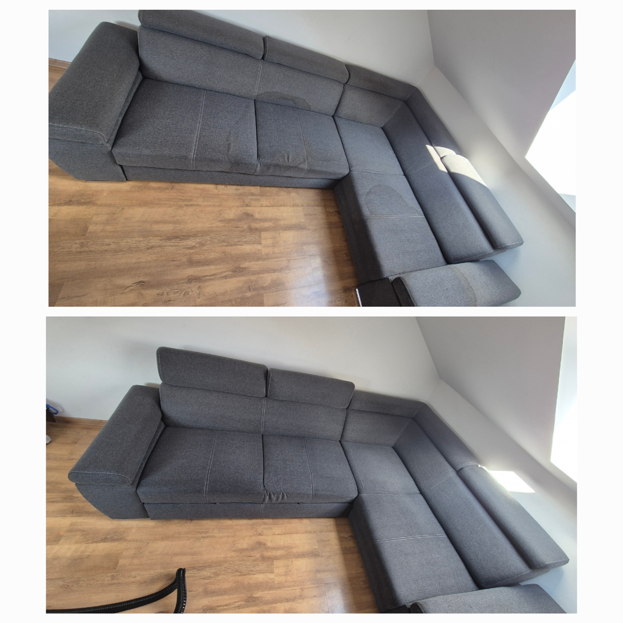 Zdjęcie przedstawia szarą, narożną kanapę tapicerowaną. Na górnym zdjęciu widoczne plamy na siedzisku, a na dolnym po czyszczeniu tapicerki. Widoczna podłoga z paneli.