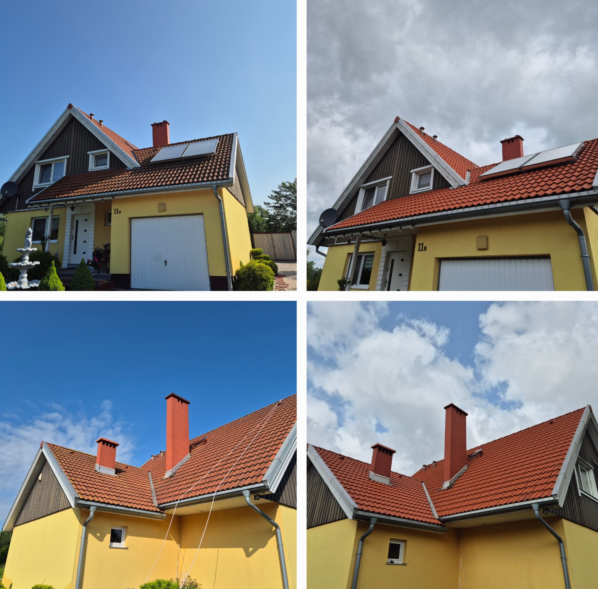 Mozaika zdjęć domu z żółtą elewacją i czerwoną dachówką, ukazująca detale dachu, elewacji i otoczenia w różnych warunkach pogodowych.