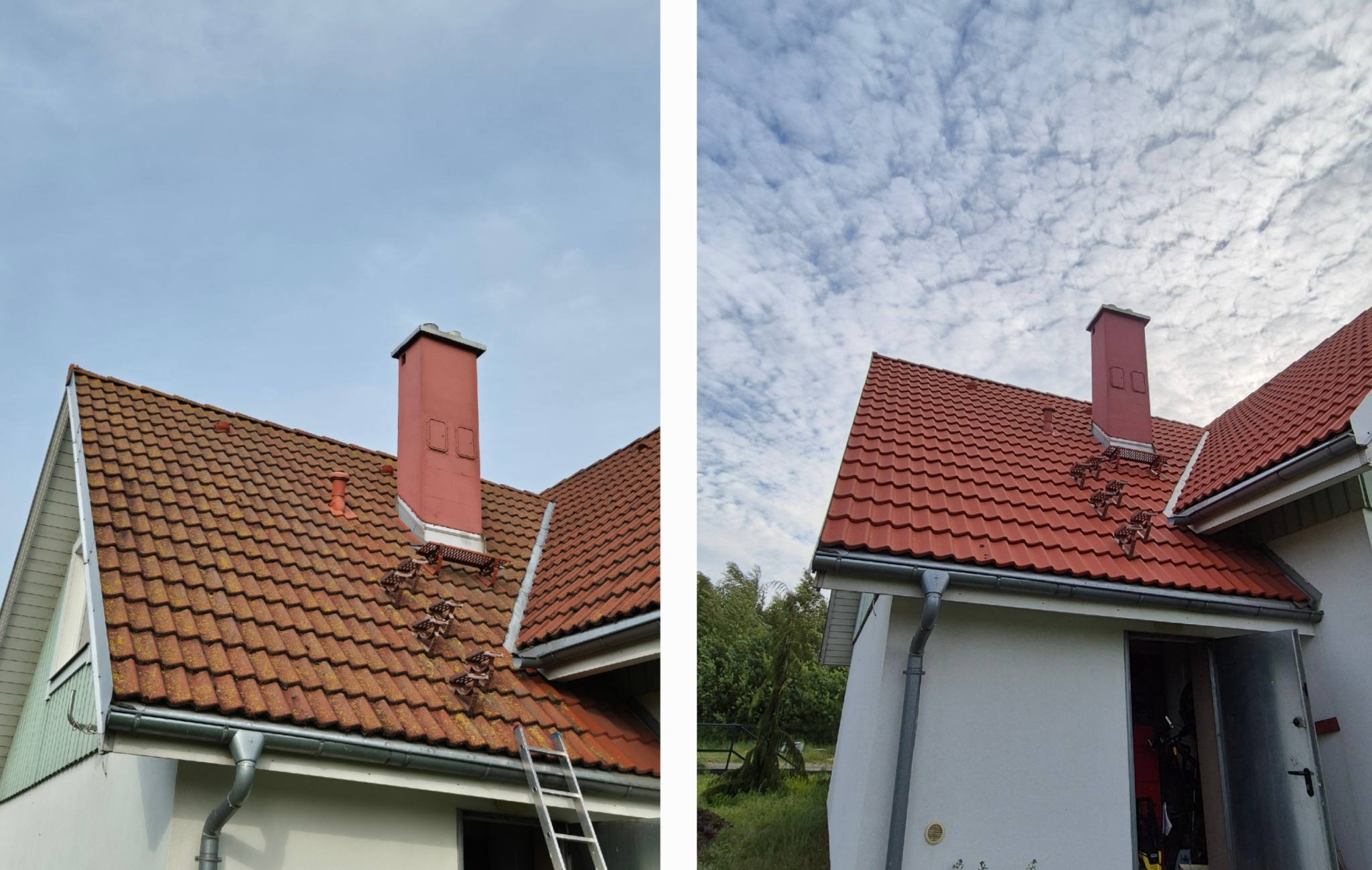 Dwa ujęcia dachu z czerwoną dachówką i kominem. Na jednym ujęciu drabina oparta o dach, na drugim widok na rynnę i otwarte drzwi do pomieszczenia.