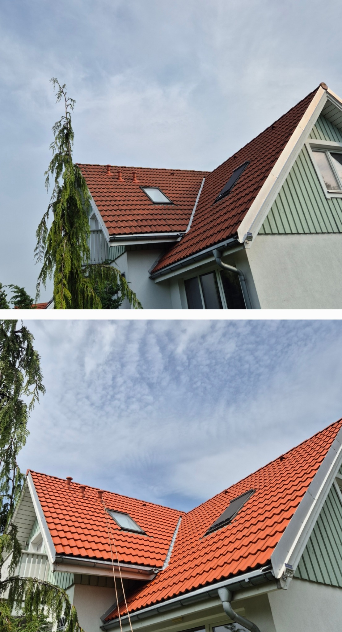 Czerwony dach z dachówką ceramiczną i oknami połaciowymi w Łysomicach. Widok na fragment elewacji z zieloną boazerią i białą ścianą. Ujęcie z dołu, błękitne niebo.