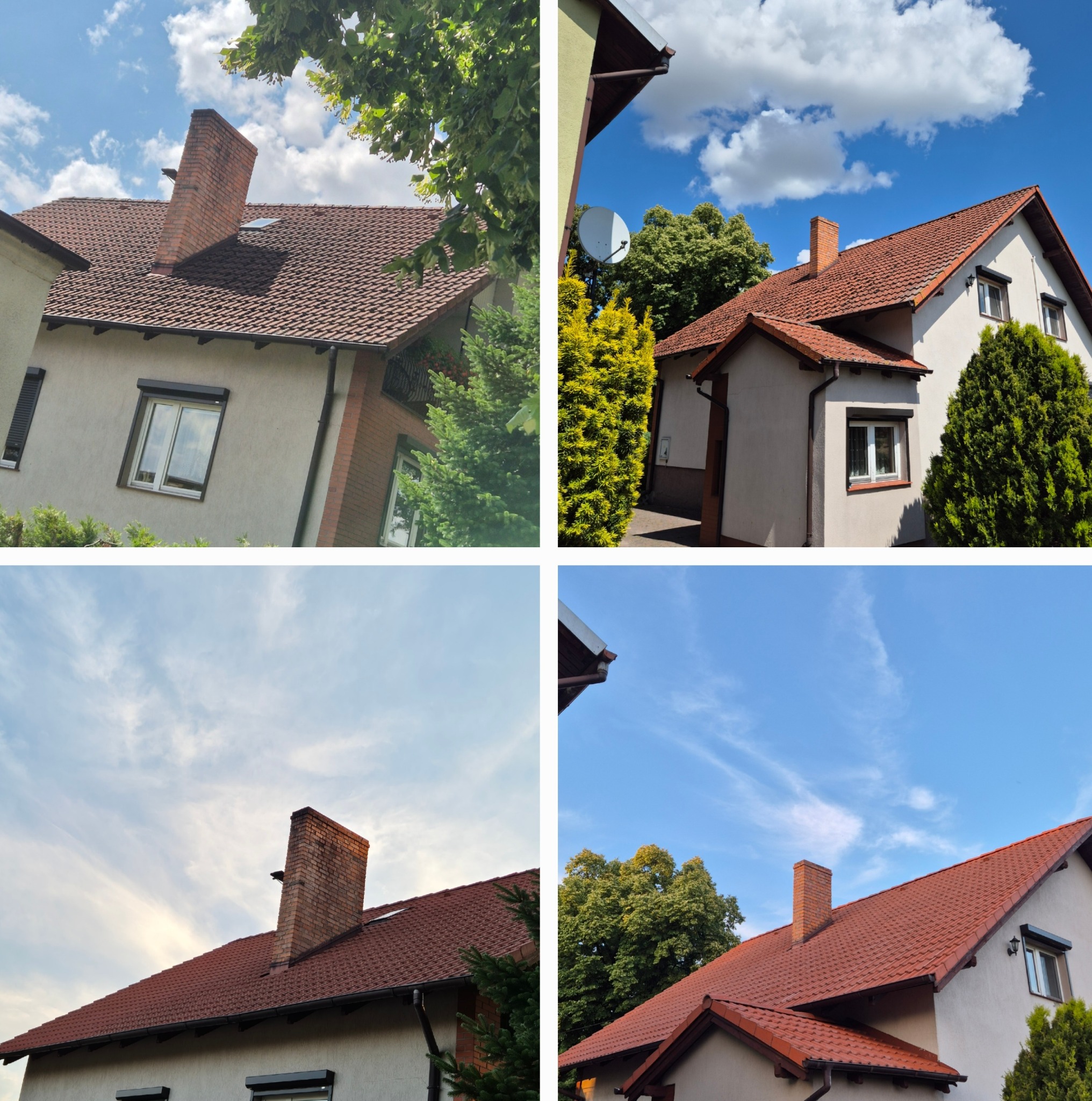 Mozaika czterech ujęć domu z czerwoną dachówką i kominem, na tle błękitnego nieba z chmurami i zieleni drzew. Widoczne okna z roletami i elewacja budynku.