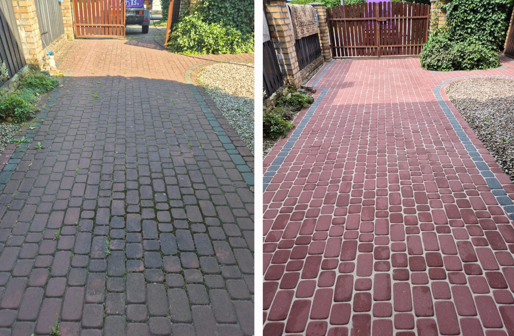Kostka brukowa przed i po czyszczeniu: po lewej brudna, ciemna, porośnięta mchem, po prawej czysta, jasna, z wyraźnym kolorem. Widoczne ogrodzenie i zieleń w tle.