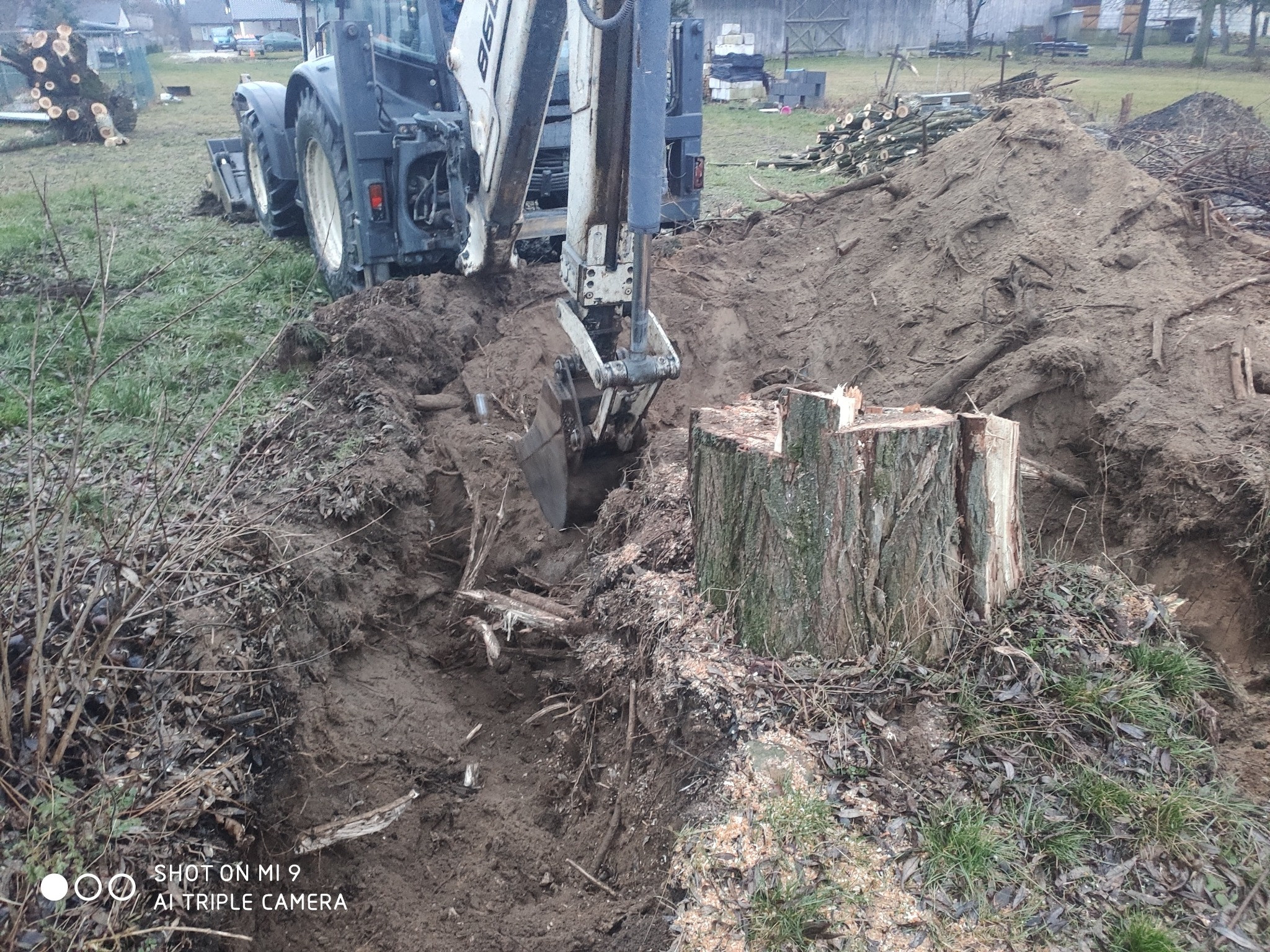 Biało-szara koparko-ładowarka w trakcie pracy przy usuwaniu pnia drzewa, widoczny wykop w ziemi, sterta ziemi i pocięte gałęzie w tle.