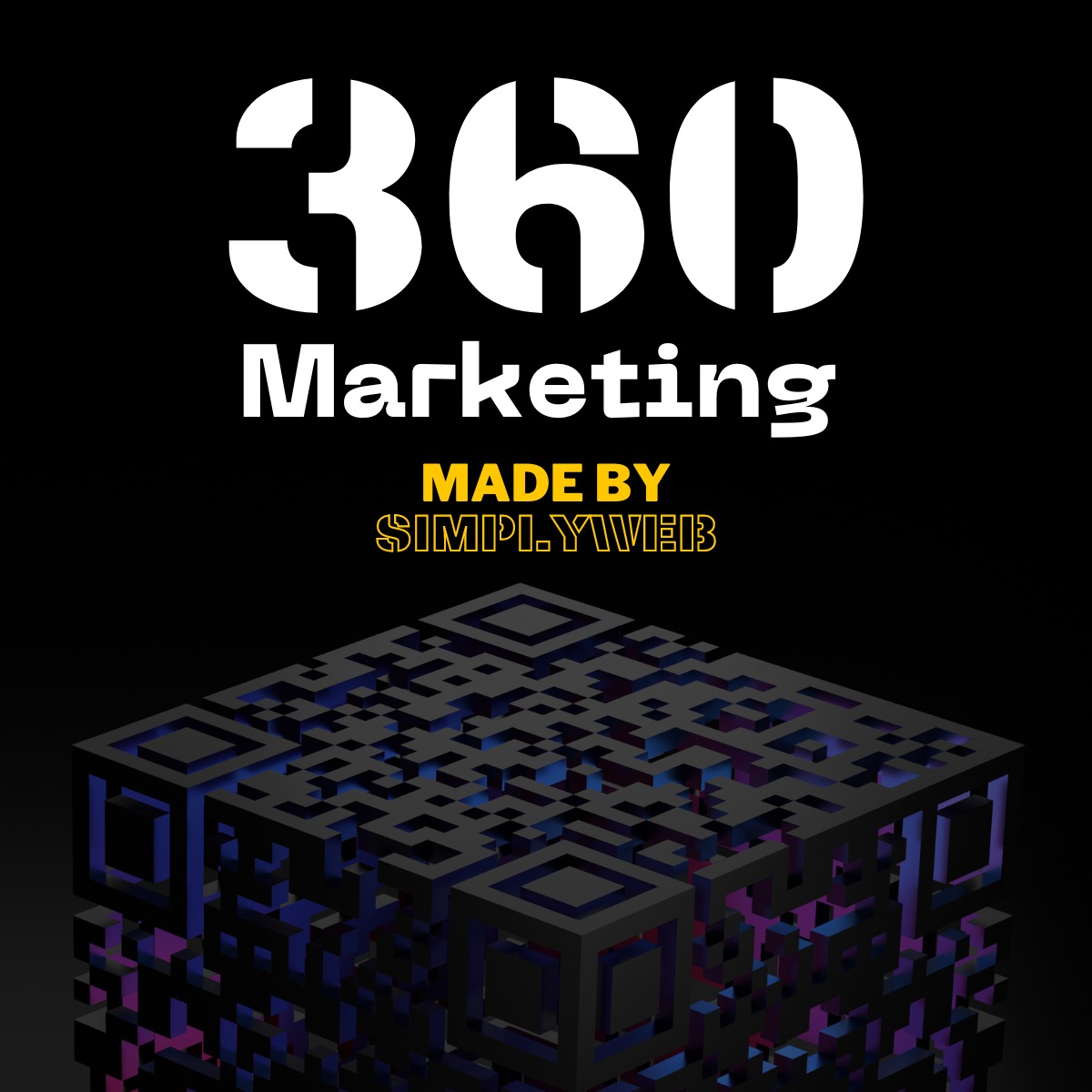 Grafika 3D przedstawiająca sześcian z kodem QR, z napisem '360 Marketing' i 'MADE BY SIMPLYWEB' na czarnym tle.