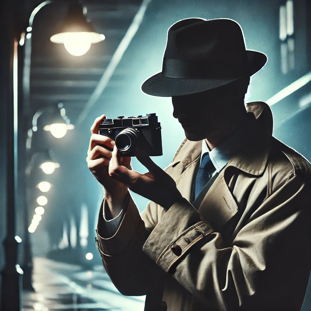 Mężczyzna w fedorze i płaszczu, trzymający w dłoniach staromodny aparat fotograficzny na tle oświetlonego peronu kolejowego w stylu noir.