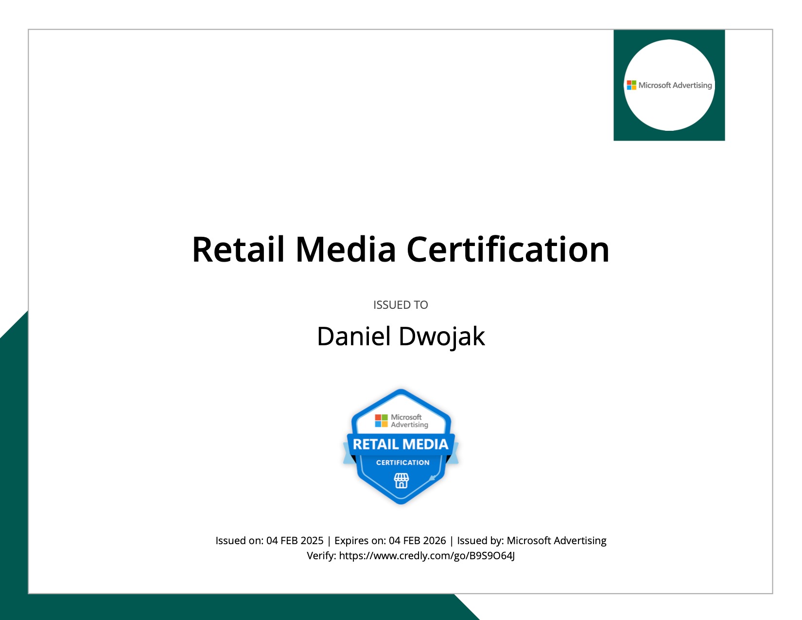 Certyfikat Retail Media od Microsoft Advertising wydany dla Daniela Dwojaka, ważny do 04 FEB 2026, z logo Microsoft Advertising w prawym górnym rogu i linkiem weryfikacyjnym.