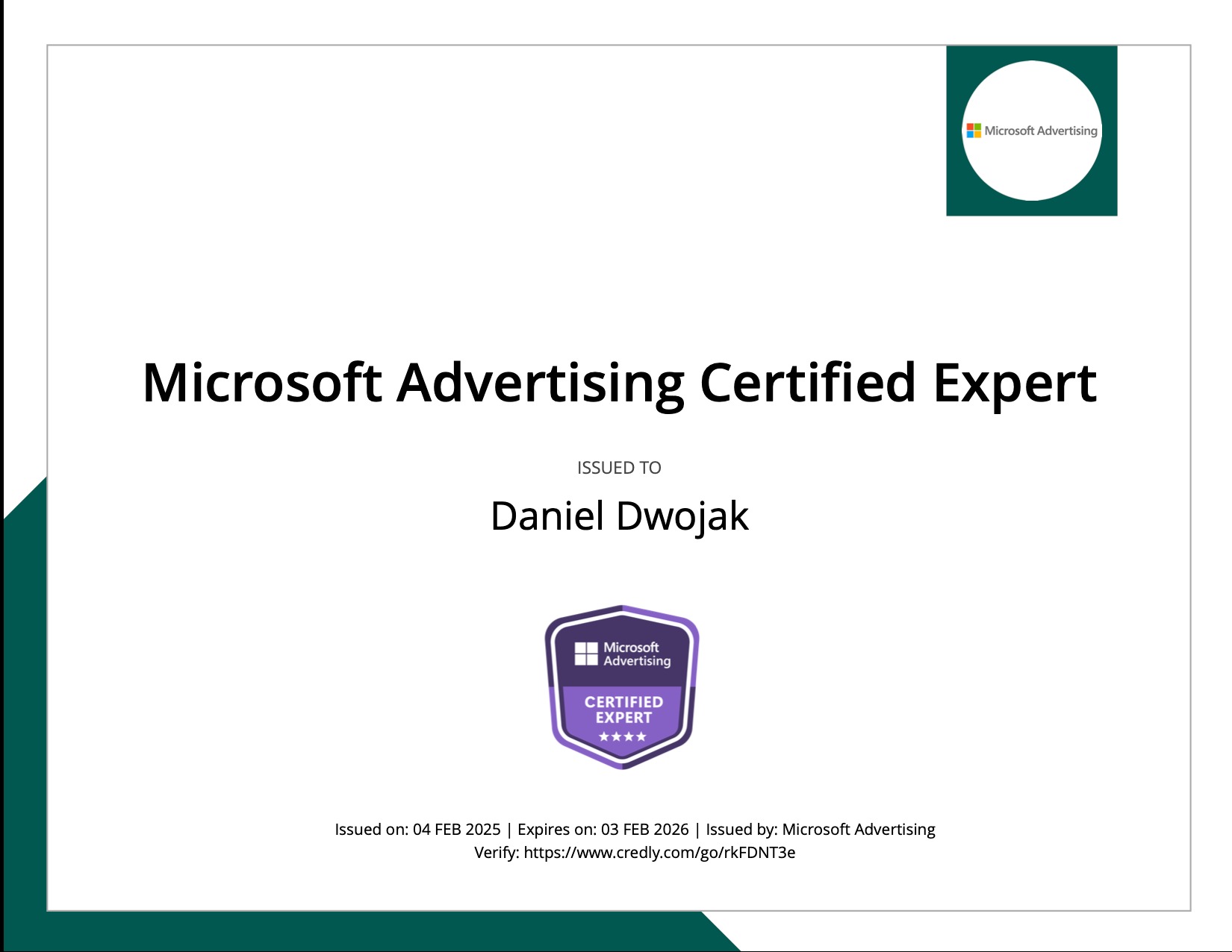 Certyfikat Microsoft Advertising Certified Expert, wystawiony dla Daniel Dwojak, ważny do 03.02.2026, z logo Microsoft Advertising w prawym górnym rogu.