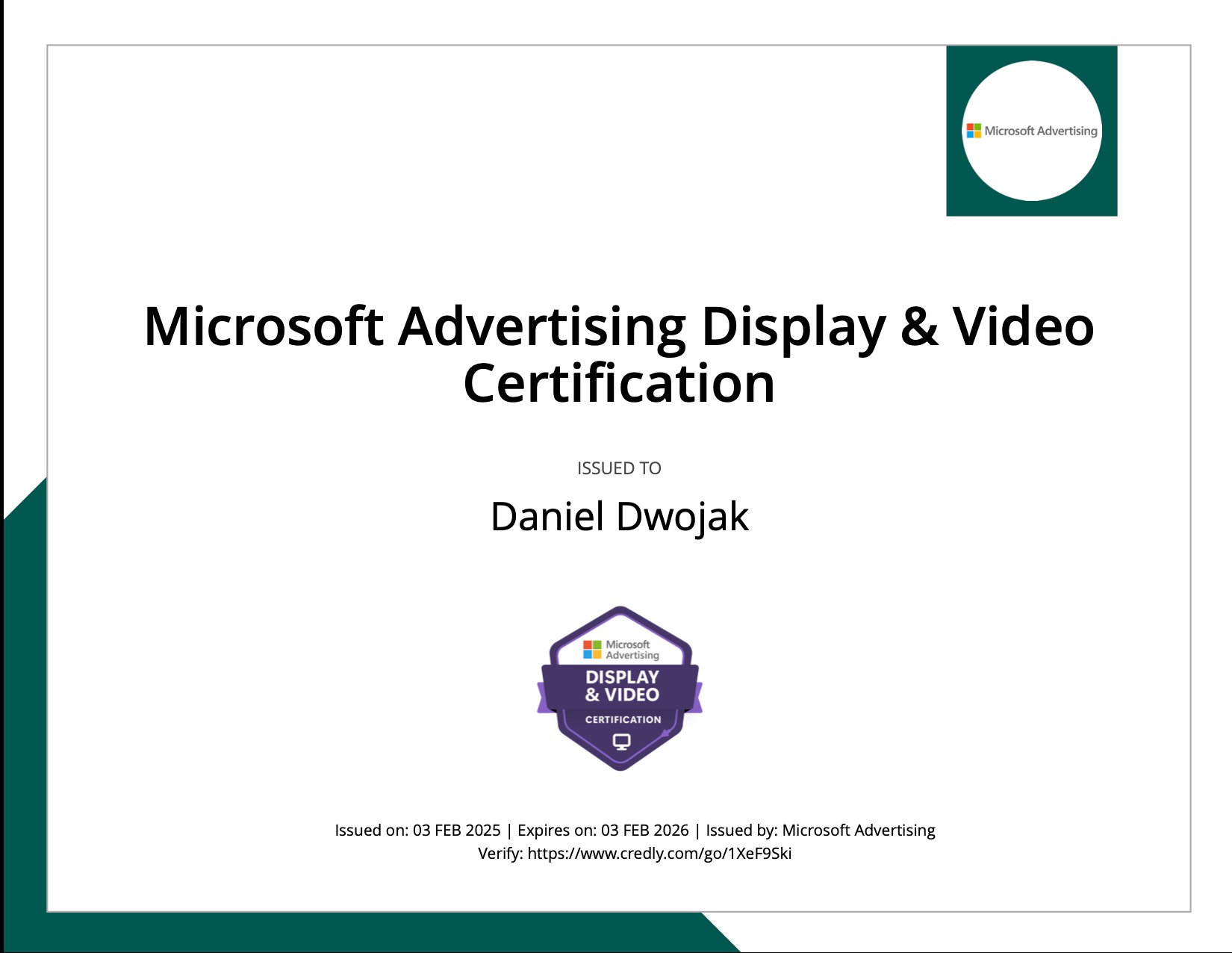 Certyfikat Microsoft Advertising Display & Video dla Daniel Dwojak, ważny do 3 lutego 2026, z logo Microsoft Advertising.