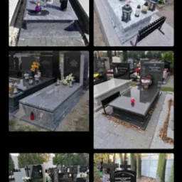 Kompozycja sześciu zdjęć nagrobków na cmentarzu, ukazujących różnorodność wzorów, materiałów i dekoracji kwiatowych.
