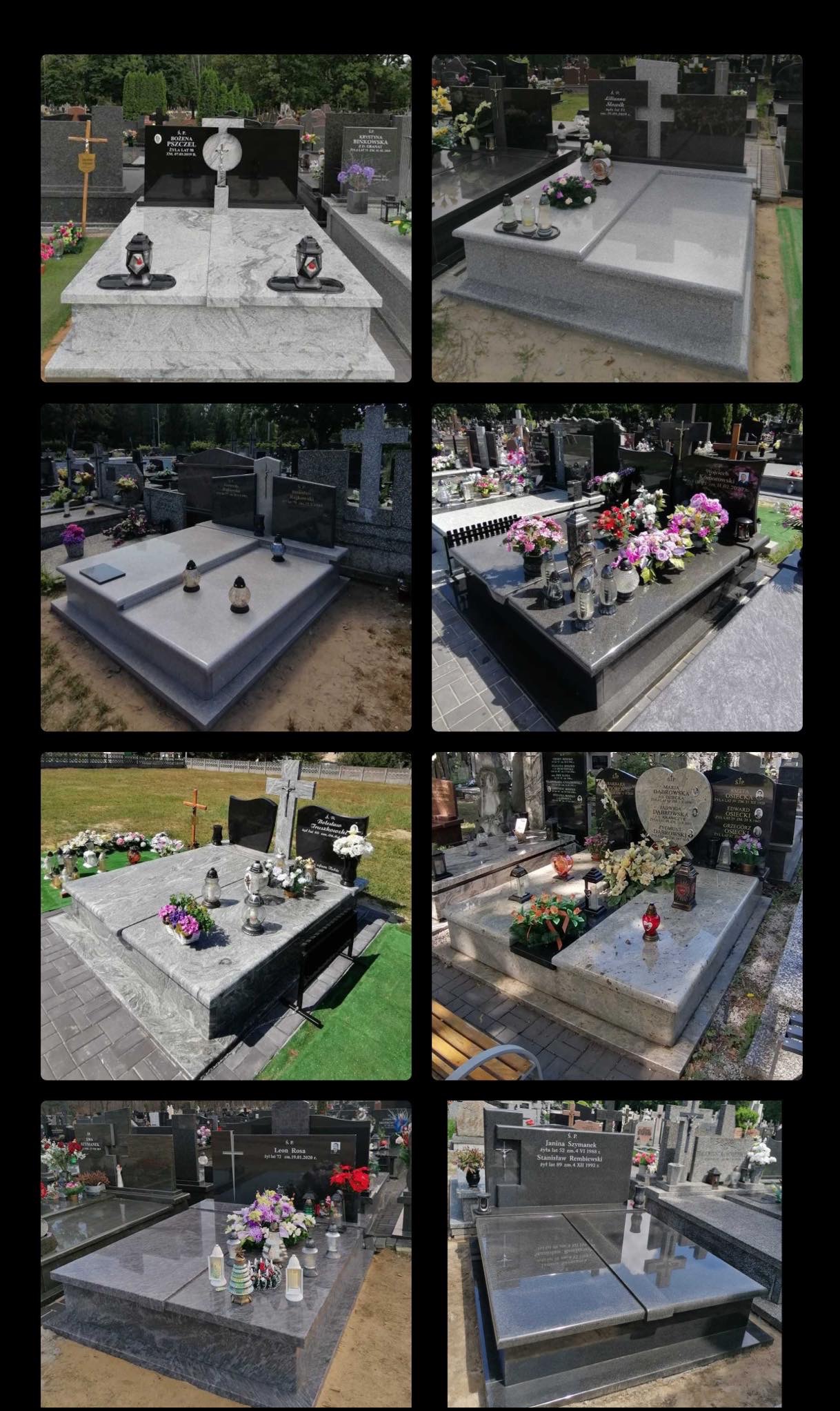 Wielokrotny widok nagrobków z różnych perspektyw, ukazujący różnorodność wzorów, kolorów kamienia i dekoracji kwiatowych na cmentarzu.