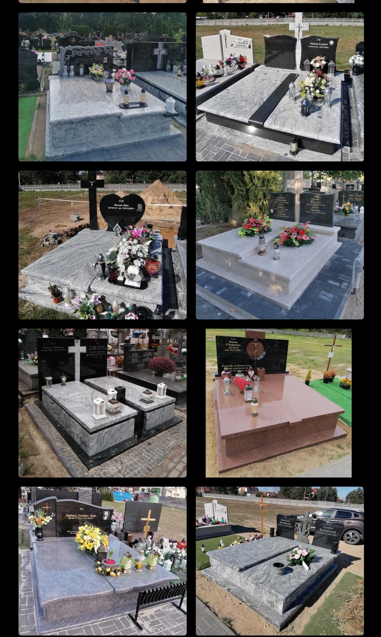 Różnorodne ujęcia nagrobków na cmentarzu, wykonanych z różnych rodzajów kamienia, z widocznymi kwiatami i zniczami, niektóre otoczone kostką brukową.