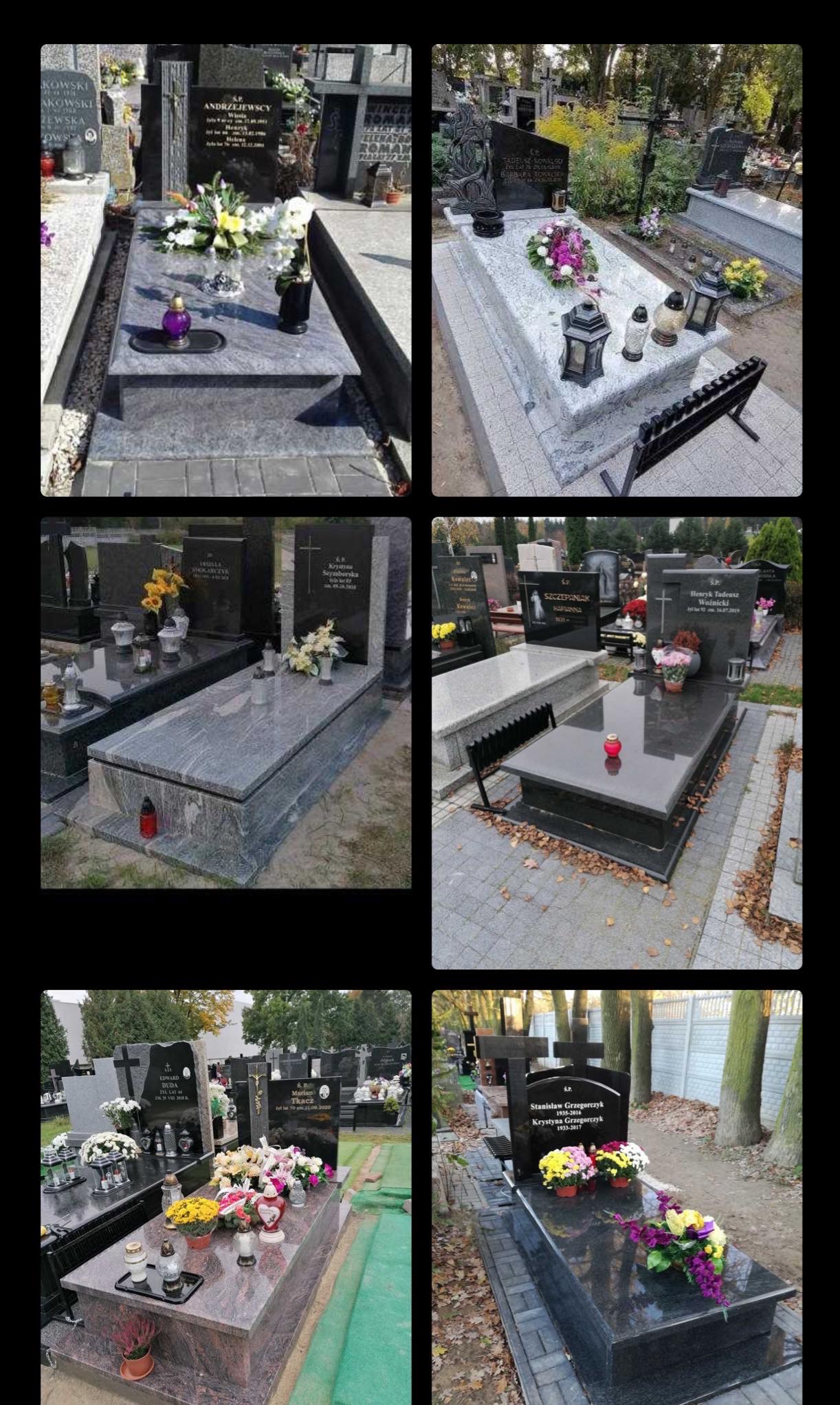 Kompozycja sześciu zdjęć nagrobków na cmentarzu, ukazujących różnorodność wzorów, materiałów i dekoracji kwiatowych.