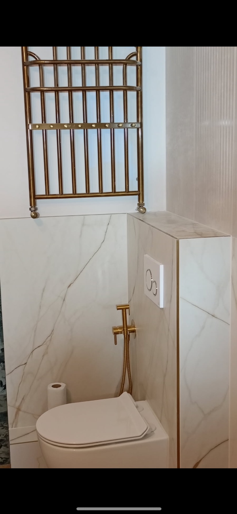 Wykończona łazienka z wiszącą toaletą, bidetką w kolorze złotym i grzejnikiem drabinkowym w stylu retro z marmurowymi płytkami i złotymi akcentami.