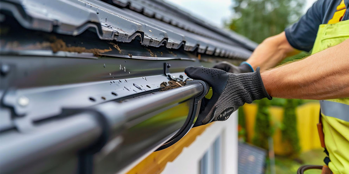 Pracownik w rękawicach usuwa zanieczyszczenia z czarnej rynny zamontowanej na dachu budynku.