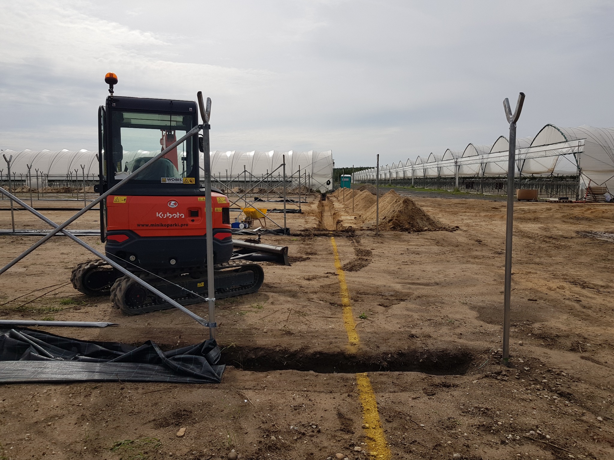 Pomarańczowa mini koparka Kubota na placu budowy z wykopanym rowem oznaczonym żółtą linią, w tle szkielety i folie tuneli.