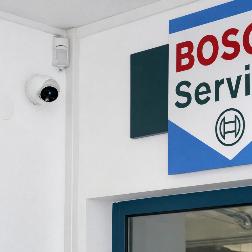 Kamera kopułkowa i czujnik ruchu na białej ścianie, obok szyldu Bosch Service z niebieskimi akcentami i fragmentem okna. Oświetlenie sufitowe.