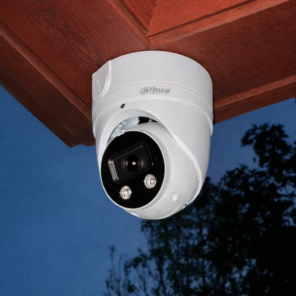 Kamera Dahua typu turret zamontowana pod drewnianym okapem, widok z dołu na tle wieczornego nieba i drzew. Oświetlenie IR włączone.