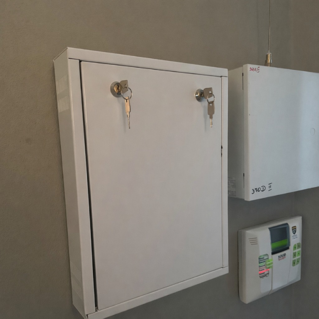 Biała szafka z kluczykami, obok centrala alarmowa i panel sterowania. Elementy systemu zabezpieczeń zamontowane na ścianie.