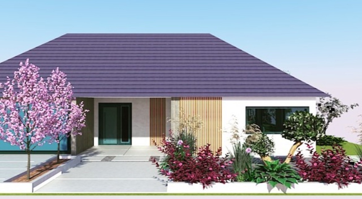 Wizualizacja domu jednorodzinnego z ogrodem, kwitnące drzewa wiśniowe przy wejściu, rabaty z czerwonymi kwiatami, minimalistyczna architektura.