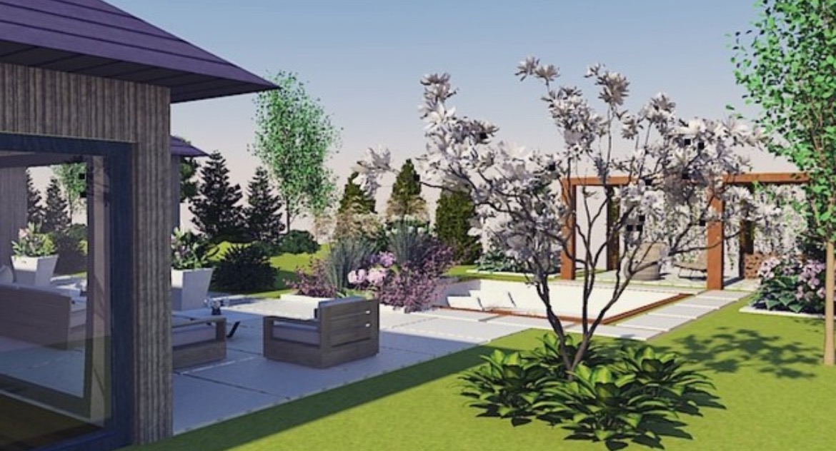 Wizualizacja ogrodu z tarasem, pergolą i basenem, z meblami ogrodowymi i kwitnącym drzewem na pierwszym planie.