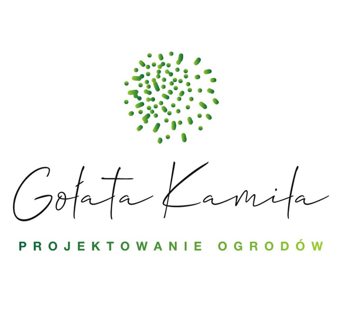 Logo firmy 'Gołata Kamila' z zielonym motywem graficznym przypominającym skupisko liści i napisem 'Projektowanie Ogrodów'.