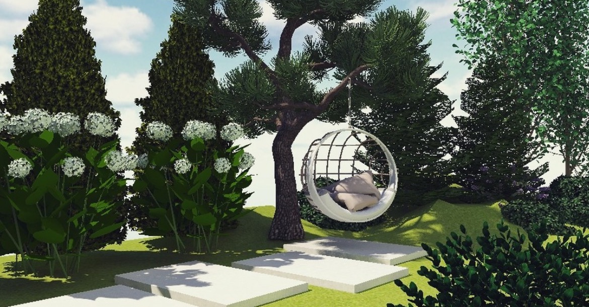 Wizualizacja ogrodu z wiszącym fotelem w kształcie kuli pod rozłożystym drzewem, prowadzący do niego chodnik z białych płyt, obok kwitnące hortensje.