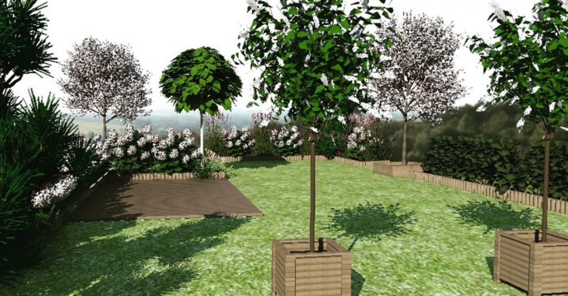 Wizualizacja ogrodu z trawnikiem, drewnianym tarasem i drzewami w drewnianych donicach.