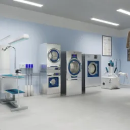 Profesjonalna pralnia z trzema pralkami przemysłowymi Electrolux, stanowiskiem do prasowania i wieszakiem na ubrania