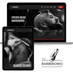 Prezentacja responsywnej strony internetowej barber shopu Barberowo na laptopie i tablecie, z widocznym logo i hasłem 'Fryzer Męski Barberowo' na stronie głównej, oraz logo z maszynką do strzyżenia.