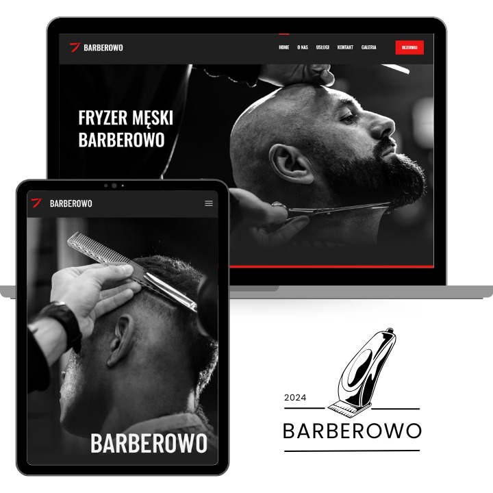Prezentacja responsywnej strony internetowej barber shopu Barberowo na laptopie i tablecie, z widocznym logo i hasłem 'Fryzer Męski Barberowo' na stronie głównej, oraz logo z maszynką do strzyżenia.